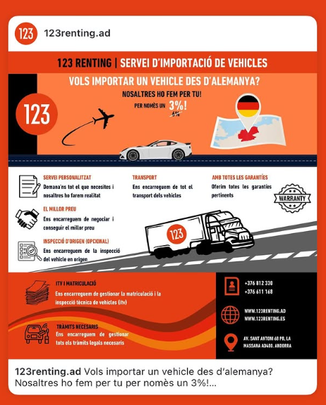 Importació i exportació de vehicles: el teu cotxe ideal, sense complicacions En un mercat cada vegada més globalitzat, importar o exportar un vehicle s’ha convertit en una opció intel·ligent per a aquelles persones que busquen un model concret, millors prestacions o un preu més competitiu. A 123Renting posem tota la nostra experiència al teu servei perquè el procés sigui segur, transparent i senzill. Si busques un vehicle específic, nosaltres el trobem i el portem per a tu, ocupant-nos de tots els tràmits i garantint sempre la màxima qualitat. Busques un model concret? Nosaltres el localitzem. No sempre és fàcil trobar el vehicle ideal al mercat local. Potser busques una marca concreta, una versió específica, un equipament determinat o un quilometratge molt controlat. A 123Renting: Localitzem el vehicle que s’adapta exactament a les teves necessitats Treballem amb proveïdors i mercats de confiança Compareu opcions per oferir-te la millor relació qualitat-preu Tu ens dius què necessites. Nosaltres fem la resta. Importació de vehicles amb total transparència El procés d’importació d’un vehicle pot generar dubtes: impostos, documentació, homologacions, matriculació… Amb 123Renting, tot està clar des del primer moment. Ens encarreguem de: Gestió completa de la importació Tràmits econòmics clars i sense sorpreses Documentació legal i administrativa Homologació i matriculació si és necessari Cada pas és explicat de manera entenedora, perquè tinguis control i tranquil·litat durant tot el procés. Exportació de vehicles sense complicacions Si el que necessites és exportar un vehicle, també t’acompanyem en tot el procés. Gestionem l’exportació complint la normativa vigent i garantint una operació segura i eficient. Oferim: Assessorament personalitzat segons el país de destinació Gestió documental i administrativa Coordinació logística i de transport El nostre objectiu és que l’exportació sigui ràpida, segura i rendible. Vehicles revisats al detall: qualitat garantida A 123Renting no només importem o exportem vehicles, sinó que assegurem la seva qualitat. Abans de qualsevol lliurament, els vehicles són revisats al detall, tant a nivell mecànic com estètic. Això garanteix: Vehicles en excel·lent estat Historial clar i verificable Màxima confiança en la compra La qualitat és un dels nostres pilars, perquè sabem que un vehicle no és només una compra, sinó una inversió.