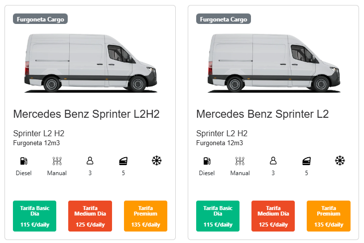 Llogar una furgoneta a Andorra amb 123Renting és tan fàcil com triar el vehicle que necessites i començar a conduir, sense complicacions ni sorpreses. La furgoneta Mercedes Benz Sprinter L2H2. Furgoneta de 12 m3 amb una alta capacitat de càrrega Llogar una furgoneta a Andorra amb 123Renting és tan fàcil com triar el vehicle que necessites i començar a conduir, sense complicacions ni sorpreses. Un model molt importat amb alta capacitat de càrrega és: La furgoneta Mercedes Benz Sprinter L2H2. Sprinter L2 H2. Furgoneta de 12 m3 amb una alta capacitat de càrrega. Truca i demana més informació. El servei està pensat perquè et moguis amb total llibertat, tant si fas una mudança, com si has de transportar mercaderia o organitzes una escapada amb família o amics. La nostra flota de furgonetes modernes i ben equipades t’ofereix opcions de diferents mides, perquè puguis adaptar l’espai de càrrega al que realment necessites i viatjar amb comoditat i seguretat. Tant empreses com autònoms i particulars troben a 123Renting la solució ideal per a un lloguer puntual o recurrent, amb vehicles cuidats i revisats. Reservar és ràpid i senzill: en pocs minuts pots tenir la teva furgoneta confirmada, sense tràmits eterns ni paperassa innecessària, i amb la tranquil·litat de saber que disposes de quilometratge il·limitat per anar on vulguis. A més, tens opcions de lloguer per dies, setmanes o fins i tot per franges horàries, perquè només paguis pel temps que realment l’utilitzes. Si busques un lloguer de furgonetes a Andorra fàcil, ràpid i sense complicacions, 123Renting és la teva millor opció: un servei proper i acollidor, transparent i pensat perquè tu només hagis de preocupar-te de conduir i arribar a destinació.