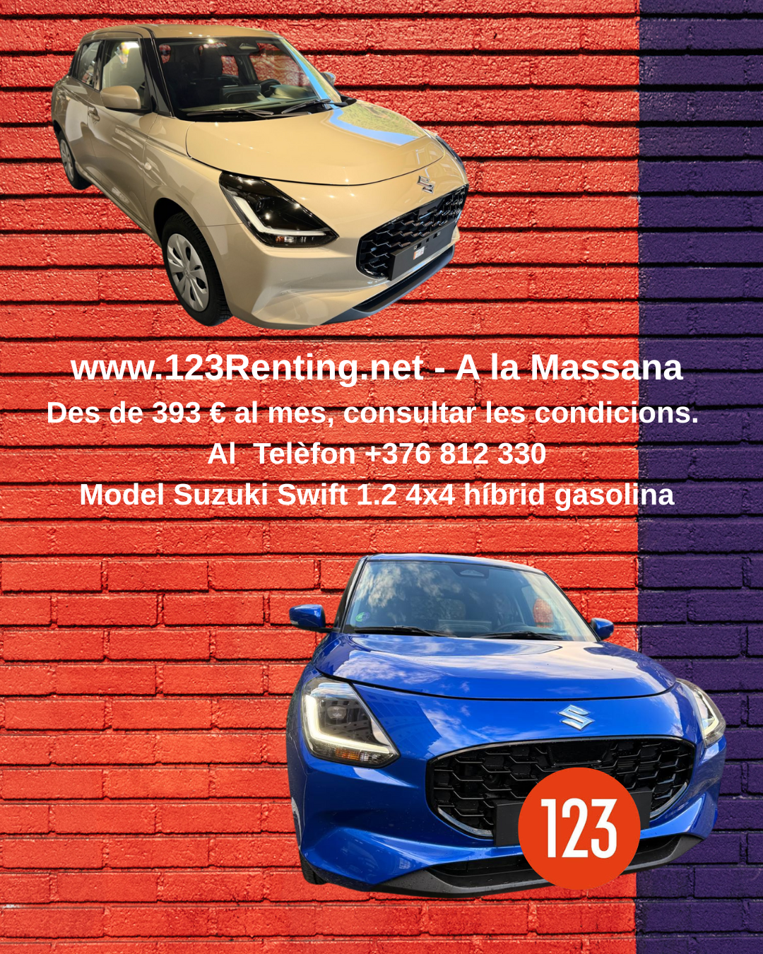 🚗✨ Nou rènting a llarg termini disponible a 123Renting.net. Si busques un cotxe àgil, segur i perfecte per al dia a dia a Andorra, aquest és per a tu. 🔥 Suzuki Swift 1.2 4x4 híbrid gasolina Un model compacte, eficient i amb tracció total perquè el fet de conduir sigui un plaer tant a ciutat com a muntanya. 📍 www.123Renting.net – La Massana 💶 Des de 393 € al mes (consulta les condicions) 📞 +376 812 330 Mobilitat fàcil, clara i sense sorpreses. Truca’ns i t’expliquem tot el que necessites per començar a conduir-lo. #123Renting #RèntingAndorra #SuzukiSwift #MobilitatFàcil #LaMassana