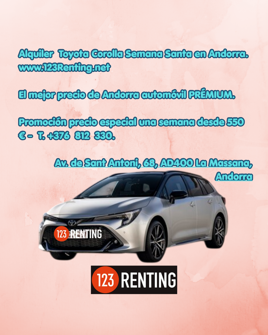 🚗✨ TOYOTA COROLLA TOURING SPORT PRÉMIUM — ¡OFERTA ESPECIAL SEMANA SANTA! ✨🚗 En 123Renting.net tenemos la oferta perfecta para tus viajes de Semana Santa. Alquila un Toyota Corolla Touring Sport Prémium por solo 550 € toda la semana. Si vas a viajar por España o Francia, o vienes de vacaciones a Andorra, en 123 Renting encontrarás el mejor precio en alquiler de vehículos de todo tipo y tamaño. Comodidad, seguridad y eficiencia para que disfrutes del camino sin preocupaciones. 📞 +376 812 330 🌐 www.123renting.net 🔖 Hashtags #123Renting #AlquilerDeCoches #SemanaSanta2026 #ToyotaCorolla #AndorraRenting