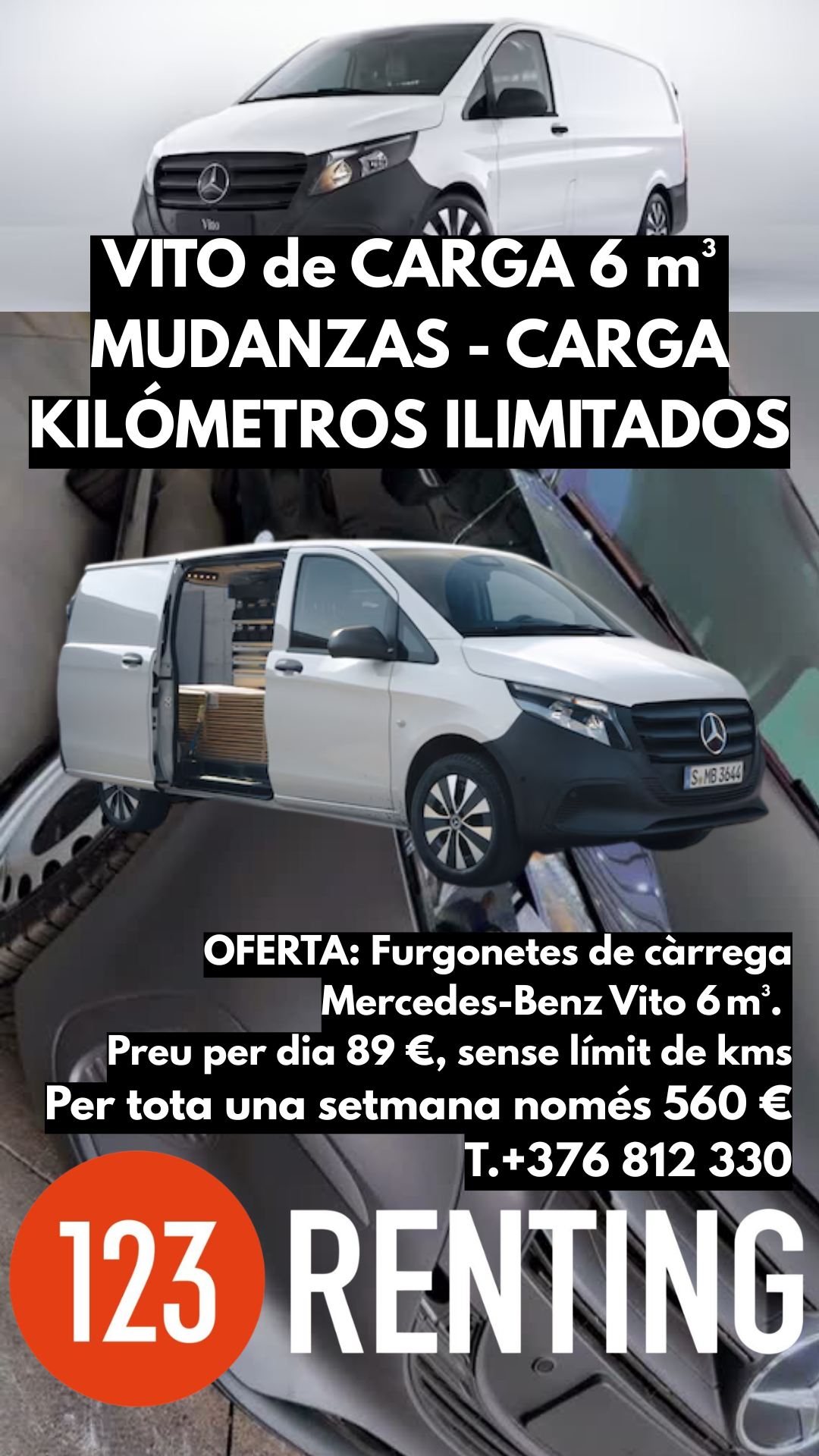 🚐💨 A 123Renting.net, la càrrega no té límits! Lloga la teva Mercedes‑Benz VITO de càrrega (6 m³) i mou tot el que necessitis amb total llibertat. Ideal per a mudances, transport i càrrega professional. El millor? 🔥 QUILOMETRATGE IL·LIMITAT Conduir sense preocupar-te dels quilòmetres és la nostra manera d’oferir-te tranquil·litat i flexibilitat. Vehicles cuidats, servei professional i preus clars. A La Massana, sempre a punt per ajudar-te. 📞 +376 812 330 🌐 www.123renting.net #123Renting #FurgonetesAndorra #MercedesVito #QuilometratgeIl·limitat #LaMassana 🚐💨 En 123Renting.net, tu carga llega tan lejos como tú quieras. Alquila tu Mercedes‑Benz VITO de carga (6 m³), perfecta para mudanzas, transporte y trabajo profesional. Lo más importante: 🔥 KILÓMETROS ILIMITADOS Conduce sin límites, sin recargos y sin preocupaciones. Vehículos en perfecto estado, servicio cercano y condiciones transparentes. Tu solución de movilidad en La Massana. 📞 +376 812 330 🌐 www.123renting.net #123Renting #FurgonetasDeCarga #MercedesVito #KilometrosIlimitados #Andorra