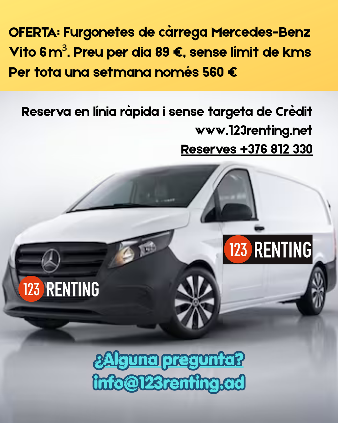 Llegan las MUDANZAS de final de la temporada de esquí en Andorra. Alquiler de furgonetas Mercedes-Benz sin límite de kilometraje. Lloguer de furgonetes Mercedes a Andorra al millor preu 🚐💨 OFERTA ESPECIAL Mercedes-Benz Vito 6 m³. La millor empresa de lloguer de furgonetes a Andorra. A www.123renting.net tenim la furgoneta ideal per al teu negoci, trasllat o projecte… ara a un preu imbatible. 🔹 Mercedes-Benz Vito 6 m³ 🔸 89 € / dia – sense límit de quilòmetres 🔸 560 € / setmana – estalvia més i condueix sense preocupacions Reserva ràpidament en línia i sense targeta de crèdit a: 🌐 www.123renting.net 📞 +376 812 330 📧 info@123renting.ad Necessites mobilitat? Nosaltres t’ho posem fàcil. #123Renting #MercedesVito #LloguerFurgonetes #AndorraBusiness #MobilitatIntelligent La mejor empresa de alquiler de furgonetas Mercedes-Benz en Andorra