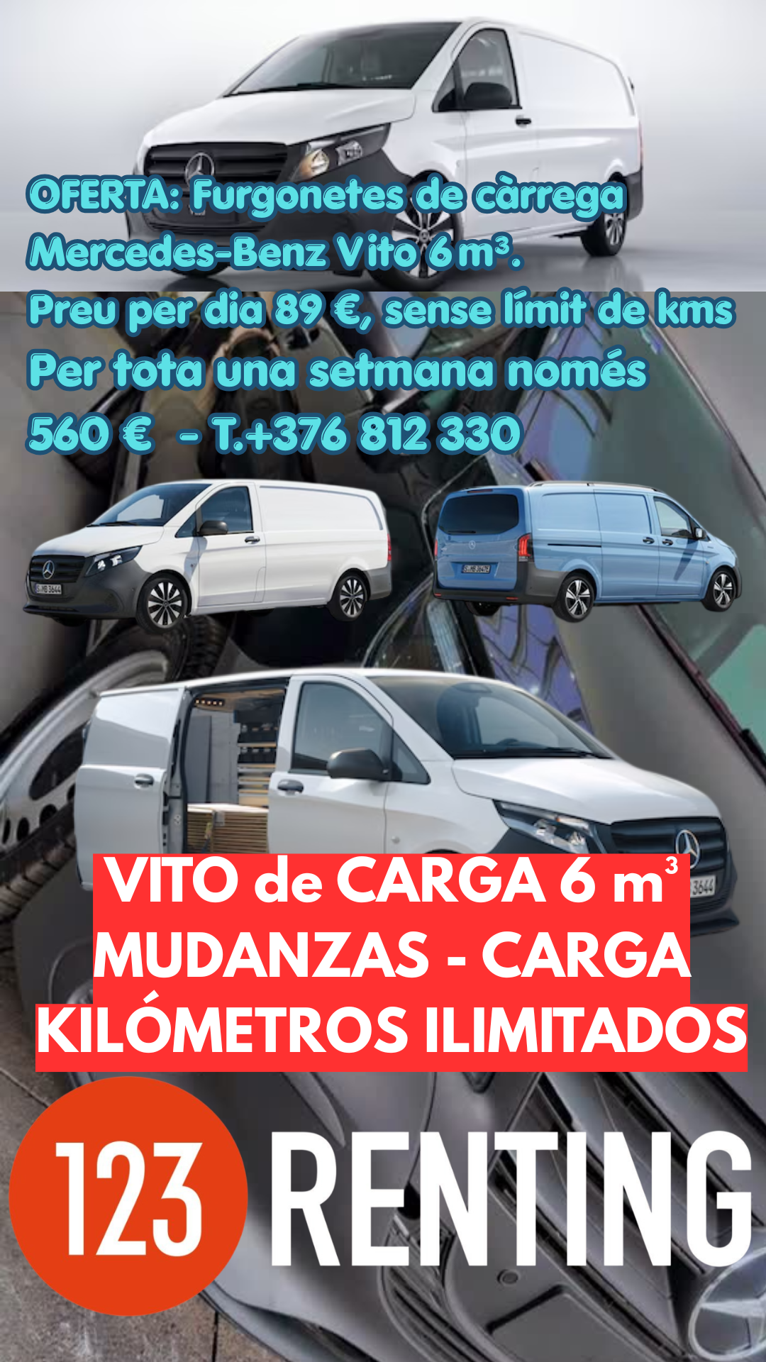 🚚 Alquiler de furgonetas de carga con kilometraje ilimitado en www.123Renting.net en La Massana (Principat d’Andorra) ¿Necesitas una furgoneta de carga para tu mudanza, tu negocio o un transporte puntual sin preocuparte por los kilómetros? En www.123Renting.net  te lo ponemos fácil: alquila tu furgoneta con kilometraje ilimitado y muévete con total libertad. ✔ Libertad total para tus desplazamientos Olvídate de los límites, los recargos y las sorpresas. Con nuestro servicio de kilometraje ilimitado podrás recorrer tantos kilómetros como necesites, ya sea dentro de Andorra o en trayectos largos. ✔ Furgonetas modernas, Mercedes Benz VITO de 6 m³, seguras y listas para trabajar muy duro. Disponemos de una flota de furgonetas de carga en perfecto estado, como nuevas, ideales para: Mudanzas particulares Repartos y logística Transporte de mercancías Eventos, ferias y montajes Trabajos profesionales de cualquier sector ✔ Flexibilidad y precios transparentes En 123Renting apostamos por un alquiler sin letra pequeña: Tarifas claras Seguro incluido Asistencia en carretera Entrega y devolución rápida ✔ La opción perfecta para autónomos, empresas y particulares Tanto si necesitas una furgoneta por unas horas como por varios días, te ofrecemos la solución más cómoda y eficiente. 🔑 Reserva hoy tu furgoneta de carga con kilometraje ilimitado Entra en 123renting.net y elige el vehículo que mejor se adapte a tus necesidades. Con nosotros, conducir sin límites es tan sencillo como arrancar y empezar tu ruta.